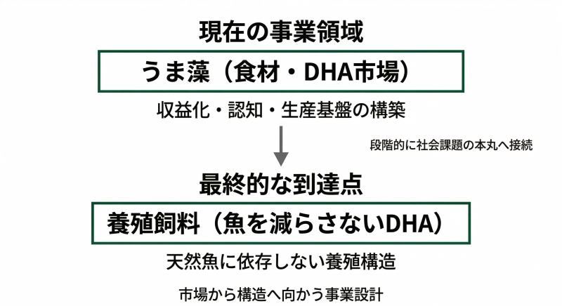 AlgaleXがまず食材としてのうま藻で収益と認知を築き、その後に養殖飼料へ展開していく二段階の事業戦略を示した図