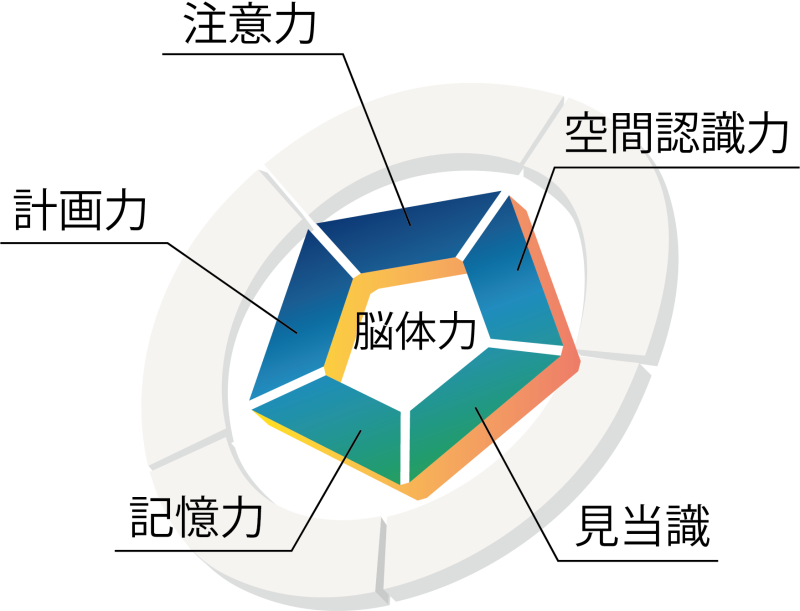 脳体力を構成する注意力、空間認識力、見当識、記憶力、計画力を示した五角形の図
