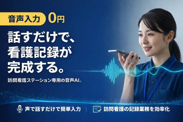スマートフォンに話しかける看護師のイメージとともに、音声入力0円で看護記録を作成できる訪問看護ステーション向け音声AIサービスを示した画像