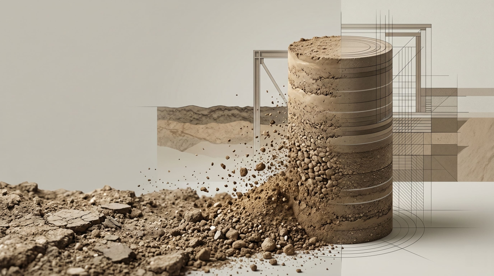 土砂が供試体のような円柱状の構造材料へ変わる過程を象徴的に表現したイメージビジュアル