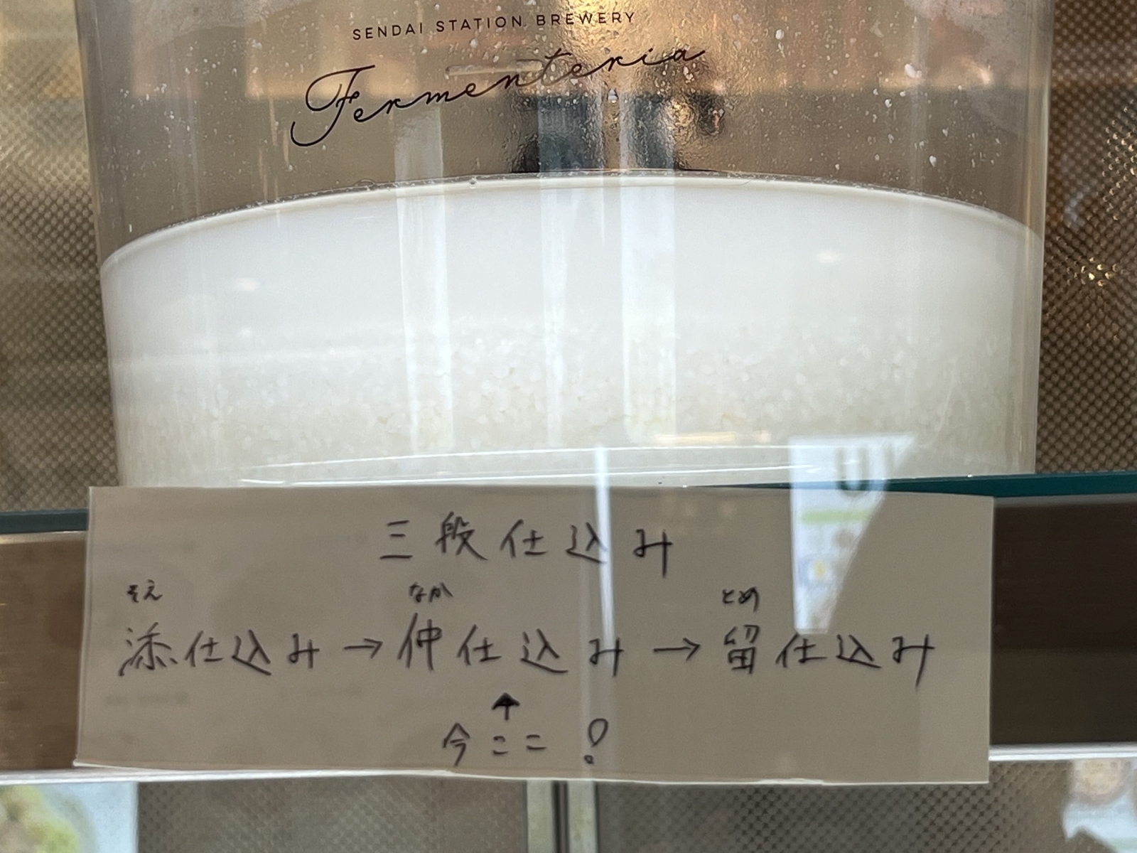 仕込み途中の米が入った透明容器と、添仕込み・仲仕込み・留仕込みを示す手書き表示