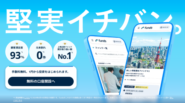Fundsのサービス画面を表示したスマートフォンのイメージと、「堅実イチバン」という訴求コピーを配置したバナー画像